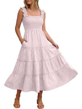Caracilia Women's Light Pink Neck Sleeveless Eyelet Smocked Tiered Midi Dress
